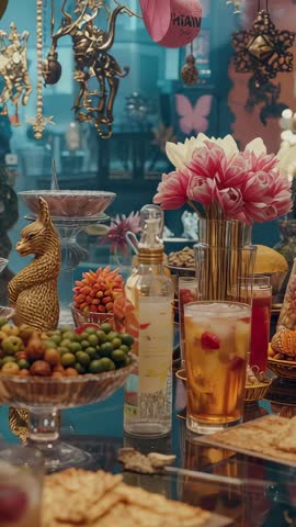 Vertical video panning across luxury cafe bar, featuring tulips, nut bowls, drinks and ornate decor