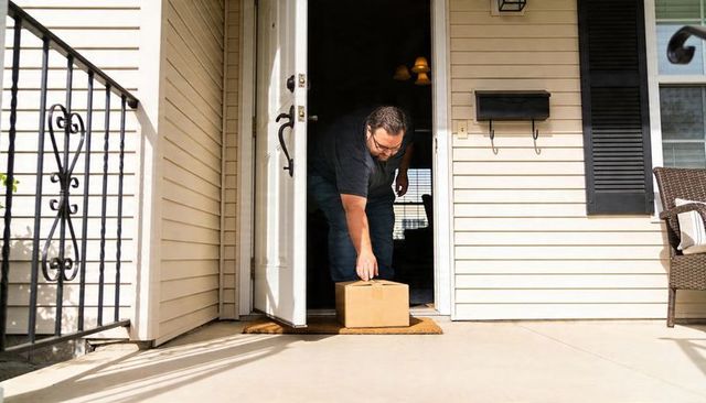 Man placing cardboard package on sunlit suburban front porch threshold during delivery