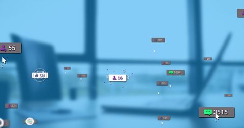 Digital media icons overlaying modern office background
