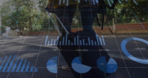 Walking traveler pulling suitcase with data visual overlay for urban travel analytics