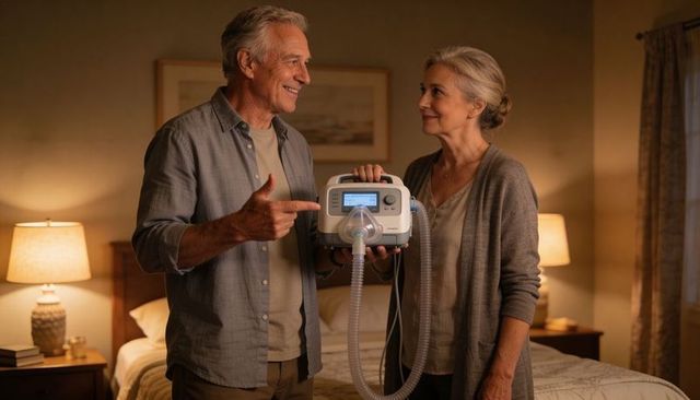 Senior couple demonstrating portable cpap machine in cozy bedroom for home sleep therapy