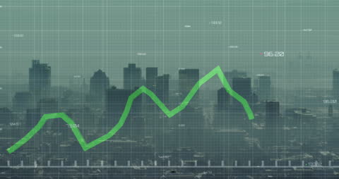 This visual illustrates the concept of financial data processing with a dynamic green line chart overlaying an urban cityscape. The data points emphasize the market trends and analytics digitally interfaced over a futuristic setting. This can be used in presentations, reports, and marketing materials focused on finance, economics, stock analysis, and technology.