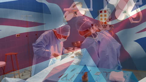 Surgeons Performing Operation with UK Flag Overlay