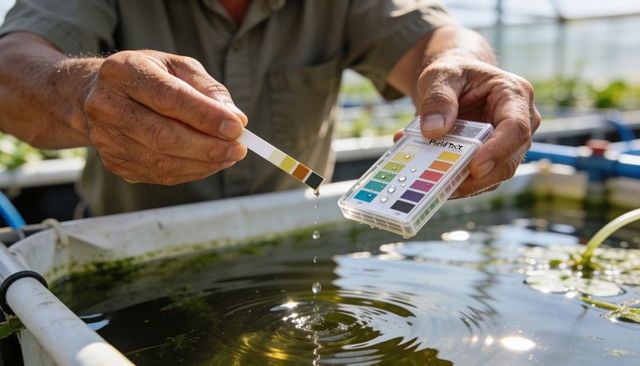 Measuring pond ph and nutrients using test strip and color chart in greenhouse