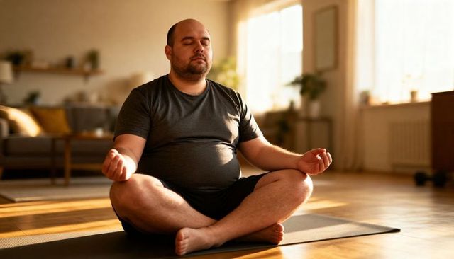 Plus-size man meditating cross-legged on yoga mat in sunlit living room for mindfulness