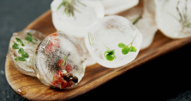 Gourmet Ice Cubes with Fresh Herbs and Spices on Wooden Tray - Download Free Stock Images Pikwizard.com