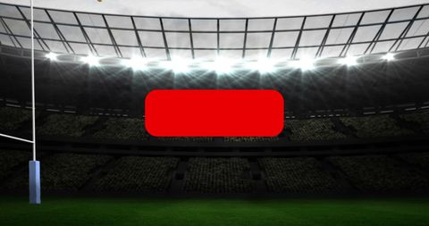 Digital media symbol with rugby balls in illuminated stadium