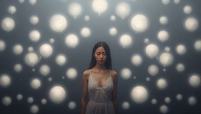 Contemplative asian woman meditating amid floating glowing orbs in minimalist studio