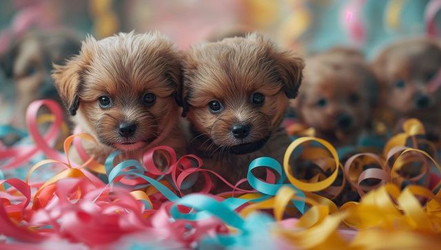 Adorable Puppies Playing Among Colorful Party Streamers