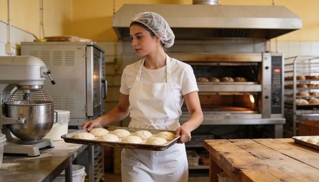 Artisan baker holding tray of proofed rolls in commercial bakery preparing fresh bread