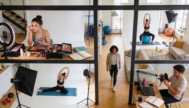 Walking producer moving through open-plan studio with makeup, yoga, fitness, podcast