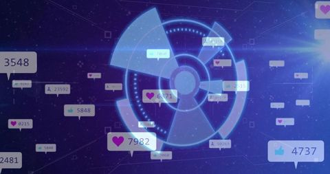 Holographic hud pulsing with social media metrics, network radar and neon notifications