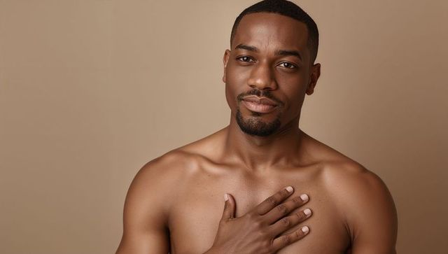 Confident shirtless african american man placing hand on chest, calm studio portrait