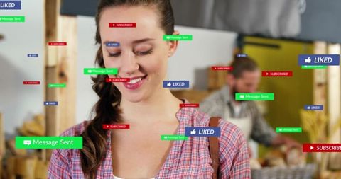 Smiling woman scrolling social feed at farmers market with likes messages and subscribe badges