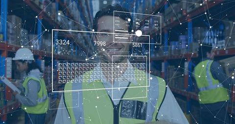 Warehouse worker using augmented reality for inventory tracking and logistics efficiency