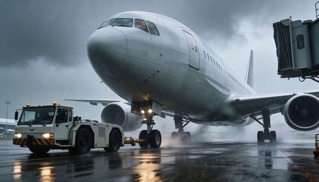 Widebody airliner being towed by pushback tug on wet apron in heavy rain at dusk