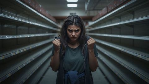 Angry woman standing in empty supermarket aisle clenching fists, dramatic fluorescent lighting