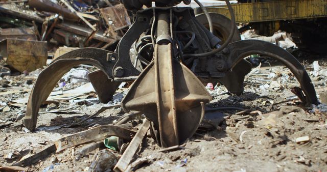 Bulldozer in scrap yard with waste and copy space. Global waste management, wasteland and rubbish.
