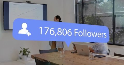 Presenter showing social media growth 176,806 followers overlay in modern boardroom