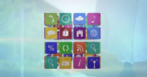 Digital icons overlaying smartphone user with connections concept