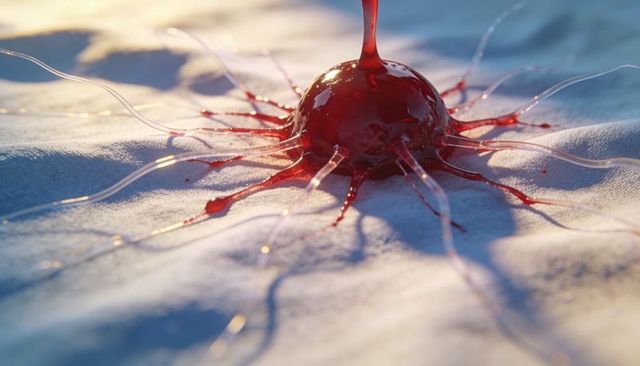 Glowing red viscous orb with translucent tubes and dripping syrup on textured fabric