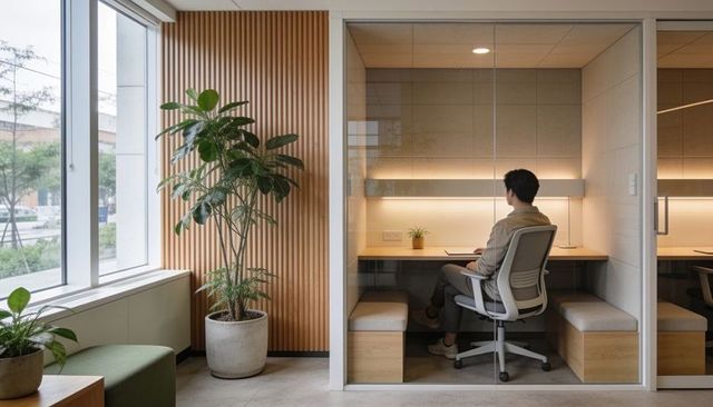 Working in private glass pod office with wood paneling, greenery and ergonomic chair