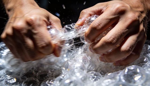 Hands popping bubble wrap macro close-up showing texture and stress relief