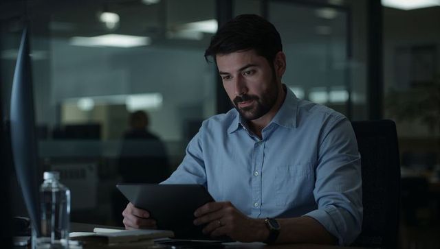 Focused professional working late with tablet at modern glass-partition office desk
