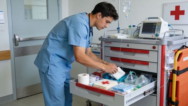 Young clinician restocking emergency crash cart in hospital emergency department