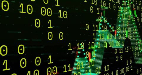 Binary numbers overlay candlestick chart on digital finance dashboard