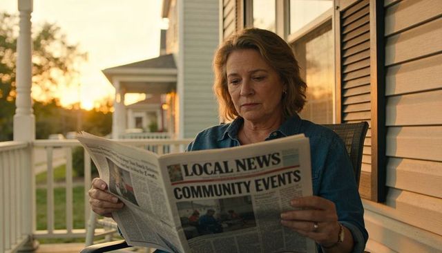 Mature woman reading local newspaper on front porch at soft sunset, calm suburban evening