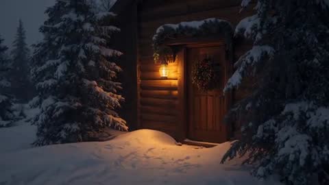 Lantern Guiding Snowy Path to Wreath-Adorned Cabin Door on Silent Winter Night (Video Loop)