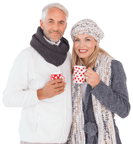 Smiling Senior Couple Enjoying Hot Drinks with Cozy Winter Clothing