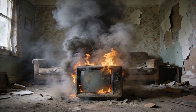 Burning vintage tv in abandoned living room emitting thick smoke and scattered debris