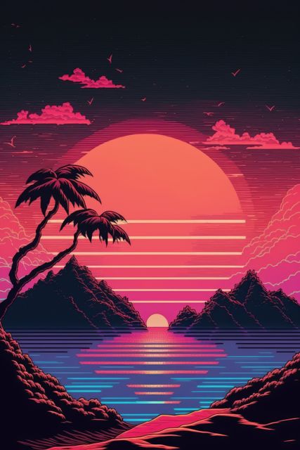 Vibrant digital art of a retro futuristic sunset behind mountains with palm trees in the foreground and bright neon colors. Ideal for backgrounds, posters, music album covers, and digital media projects that need a bold and imaginative visual theme.