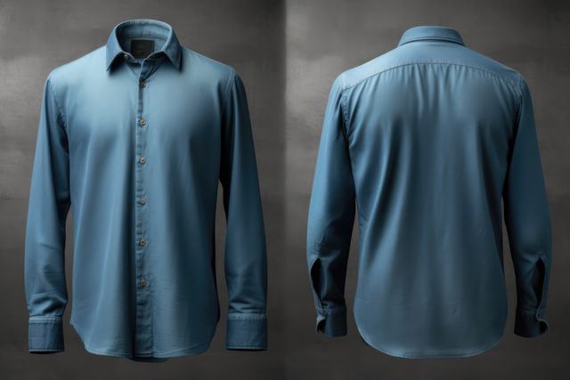 Front and back of blue shirt on grey background, created using generative ai technology. Fashion and clothes concept digitally generated image.