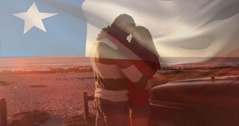 Romantic couple embracing on sunset beach with chile flag overlay and vintage car