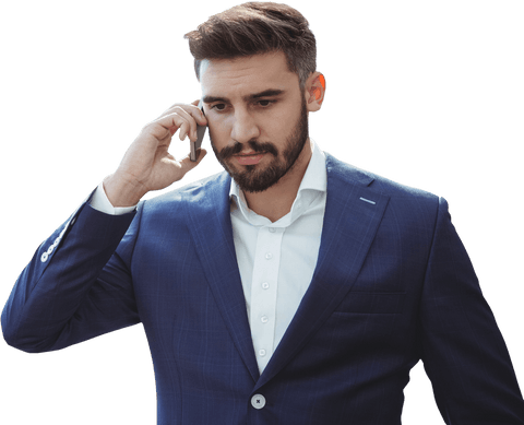 Man in suit talking on smartphone shows concept of business communication. Useful for presentations on communication or as a corporate design element.