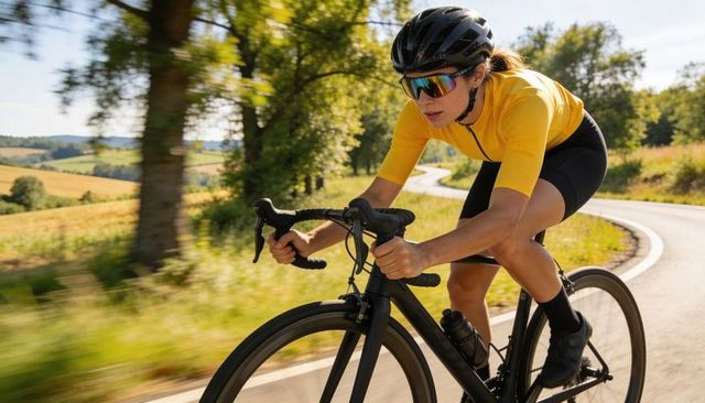 Female Road Cyclist in Yellow Jersey Leaning Into Curve on Winding Countryside Road