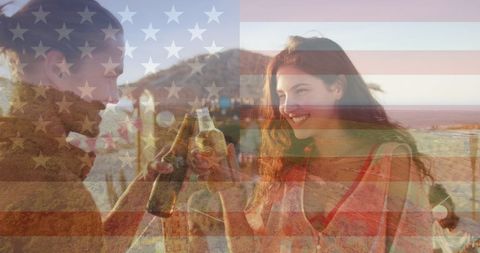 Young Couple Toasting at Beach Celebration with American Flag Overlay