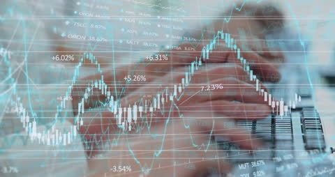 Hands Typing on Keyboard with Trading Graph Overlay