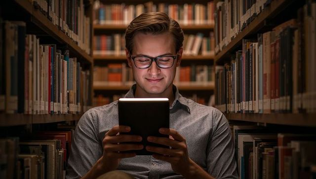 Young man reading tablet in library stacks with warm glow and focused concentration
