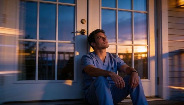 Sitting healthcare worker in scrubs gazing upward at sunset through glass doorway