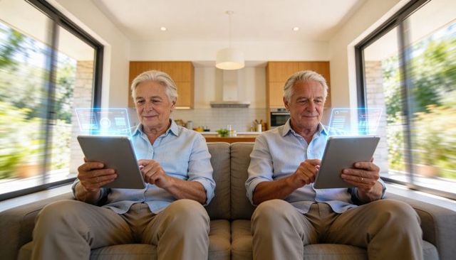 Senior men sitting on sofa using tablets with holographic ui in modern open-plan home