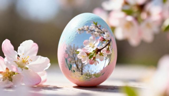 Pastel reflective easter egg mirroring cherry blossom branch and blue sky spring mood
