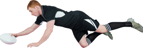 Transparent rugby player scoring thrilling try mid-dive