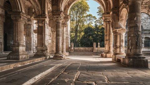 Historic Stone Corridor Leading to Lush Monastery Garden
