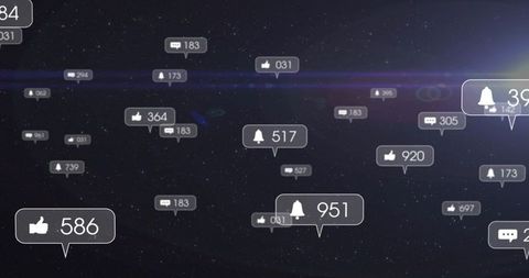 Floating Notification HUD Bubbles Drifting Over Starfield Showing Likes, Alerts, Comments