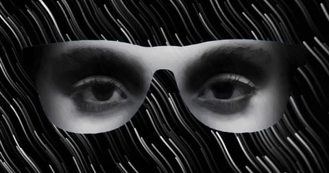 Hovering eyes behind futuristic glasses, light streaks suggesting surveillance, AI vision