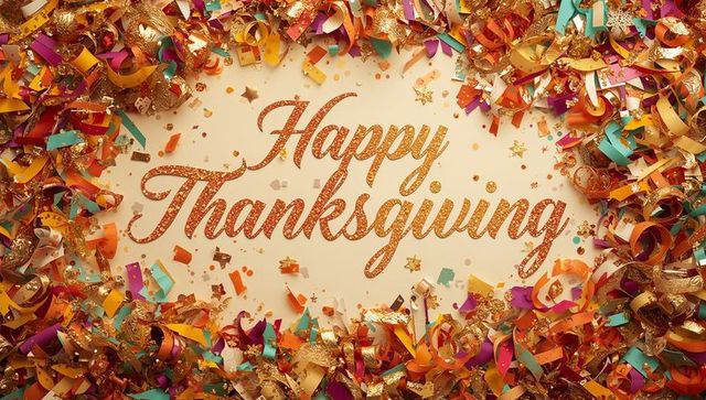 Happy Thanksgiving glitter script amid festive gold ribbons and colorful confetti border